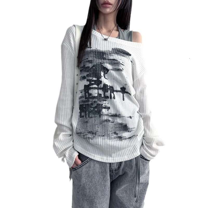 2025Autumn New Personalized Women Sexy Spice Girl Design Off-The-Shoulder Loose Art Print Long-Sleeved Blouse Goth