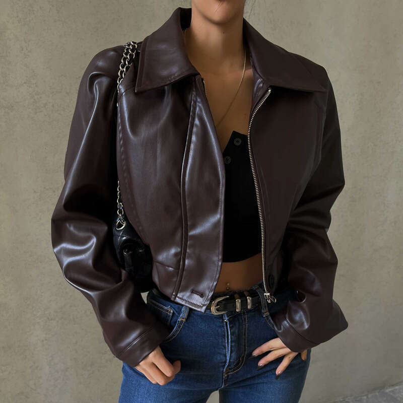 European and women's autumn retro temperament lapel zipper PU leather American jacket 2025 new item casual versatile fashion clothing