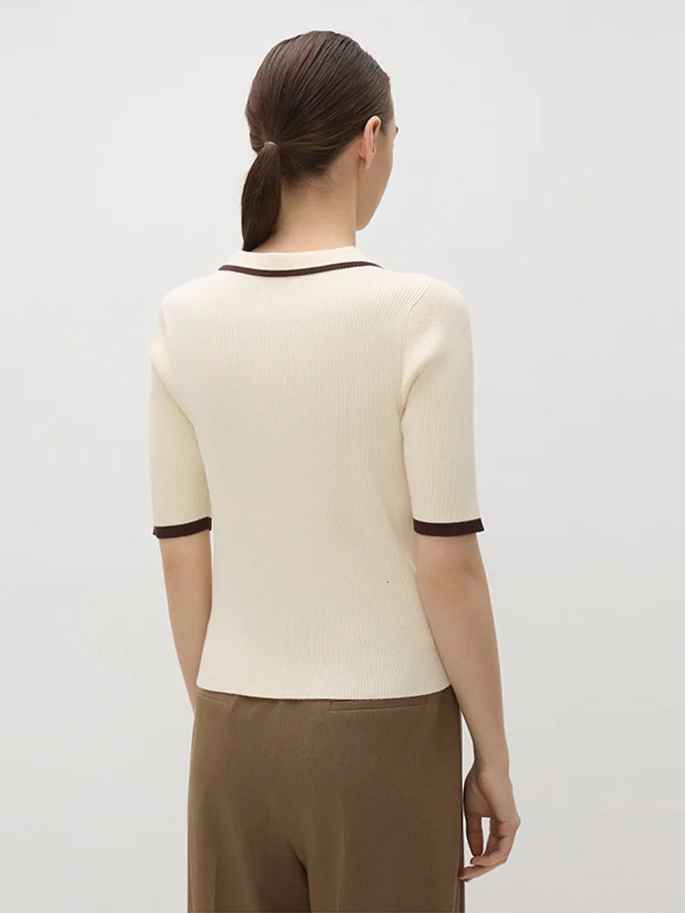 Knit Short Sleeve T-shirt Women Pullover Patchwork Slim Lapel Elegant Contrast Knitwear Top Female Skinny Ribbed Polo Shirt Top 250114