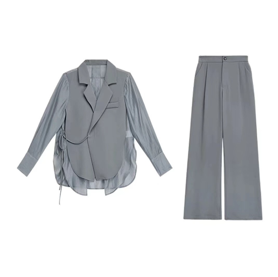 Summer New Hollow Sun Protection Chiffon Shirt Blazer Wide Leg Two Piece Elegant Women's Pants Set Office Outfits