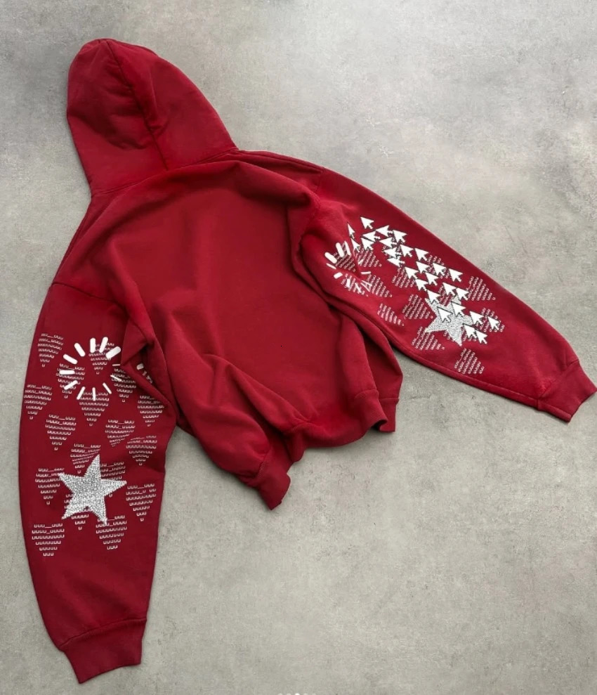 Street Hip-hop Love Graphic Printing Red Hooded Sweatshirt Y2K American Harajuku Loose Casual Sweater for Men and Women 250109