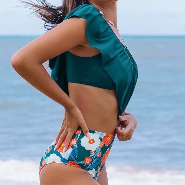 new sexy ruffled V-neck high waisted split women's bikini swimsuit