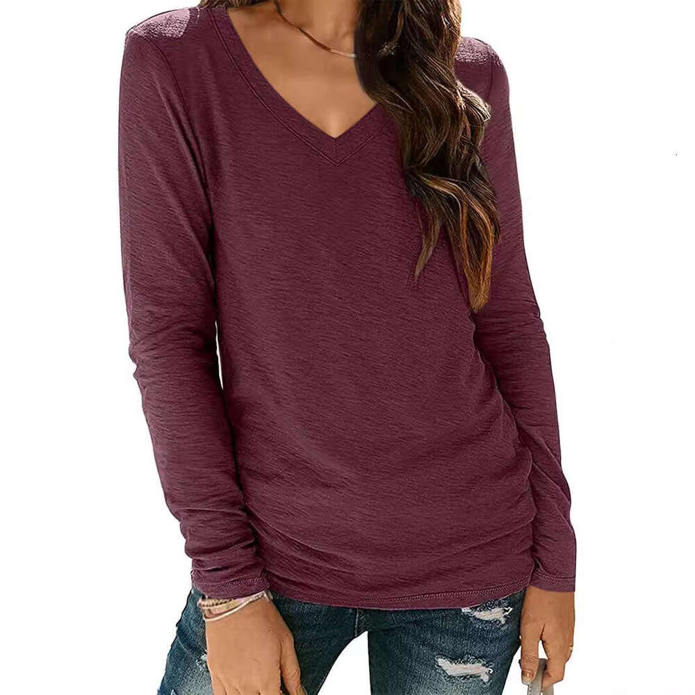 European American V-neck long sleeved women's solid color top T-shirt, 2025 new style, chic and elegant clothing
