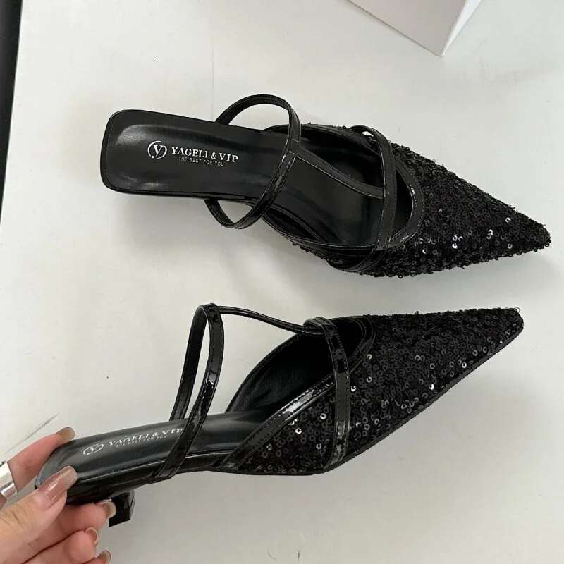 Summer Pointed Toe Mules Women Low Heel Shiny Dress Shoe Female Shallow Comfy Fashion Sgback Sandals Atos De Mujer