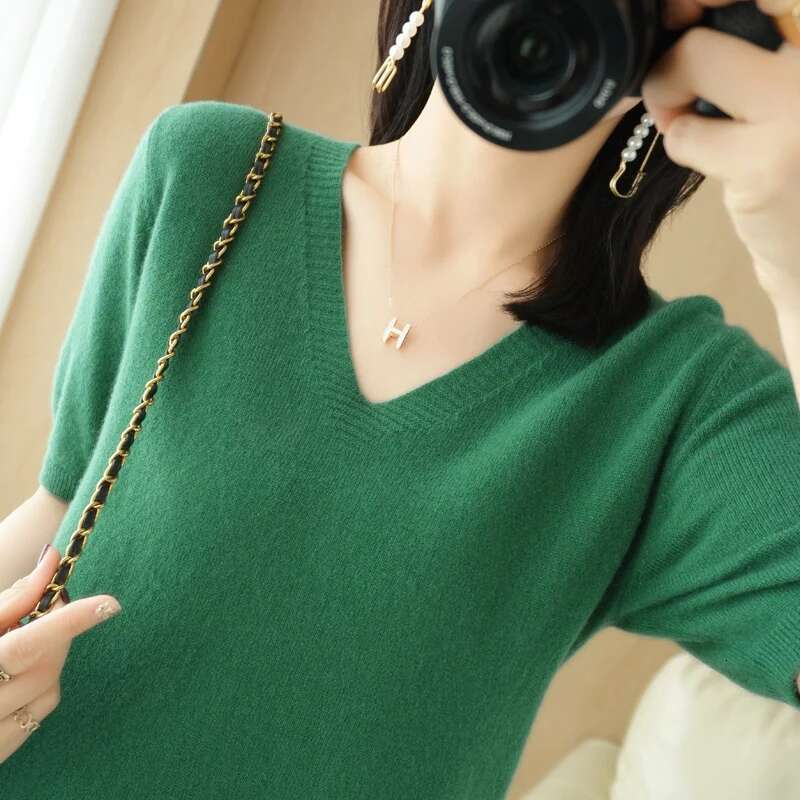 Spring Autumn New Fashion Cashmere Sweater Women Knitted Short Sleeve Pullover Solid Color Loose V-Neck Korean Version Tops