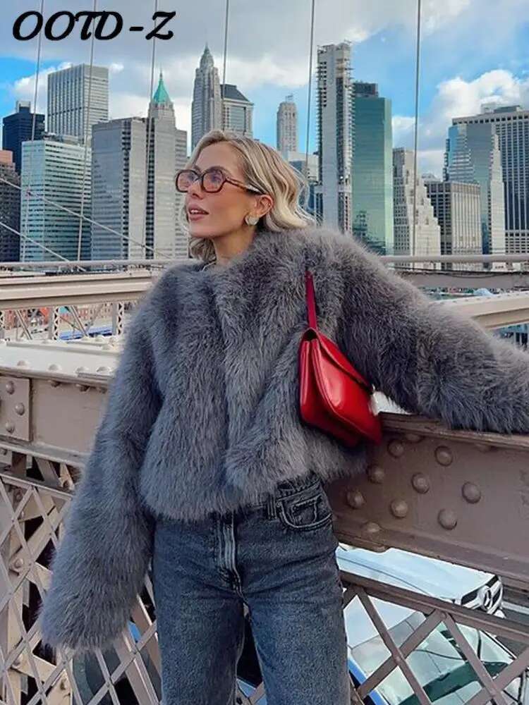 Fluffy Fur For Women Winter Elegant Long Sleeve Faux Furry Jacket Female Round Neck Chic Lady Street Warm Short Coat