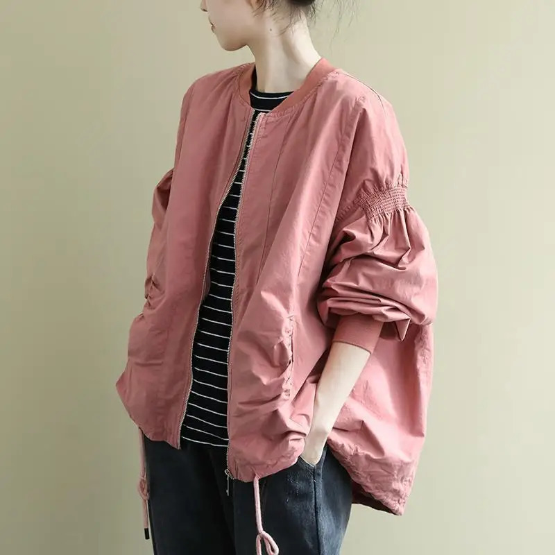 Loose Literary Long Sleeve Windbreaker Womens Medium Long Spring And Autumn Coat Solid Color Versatile 250113