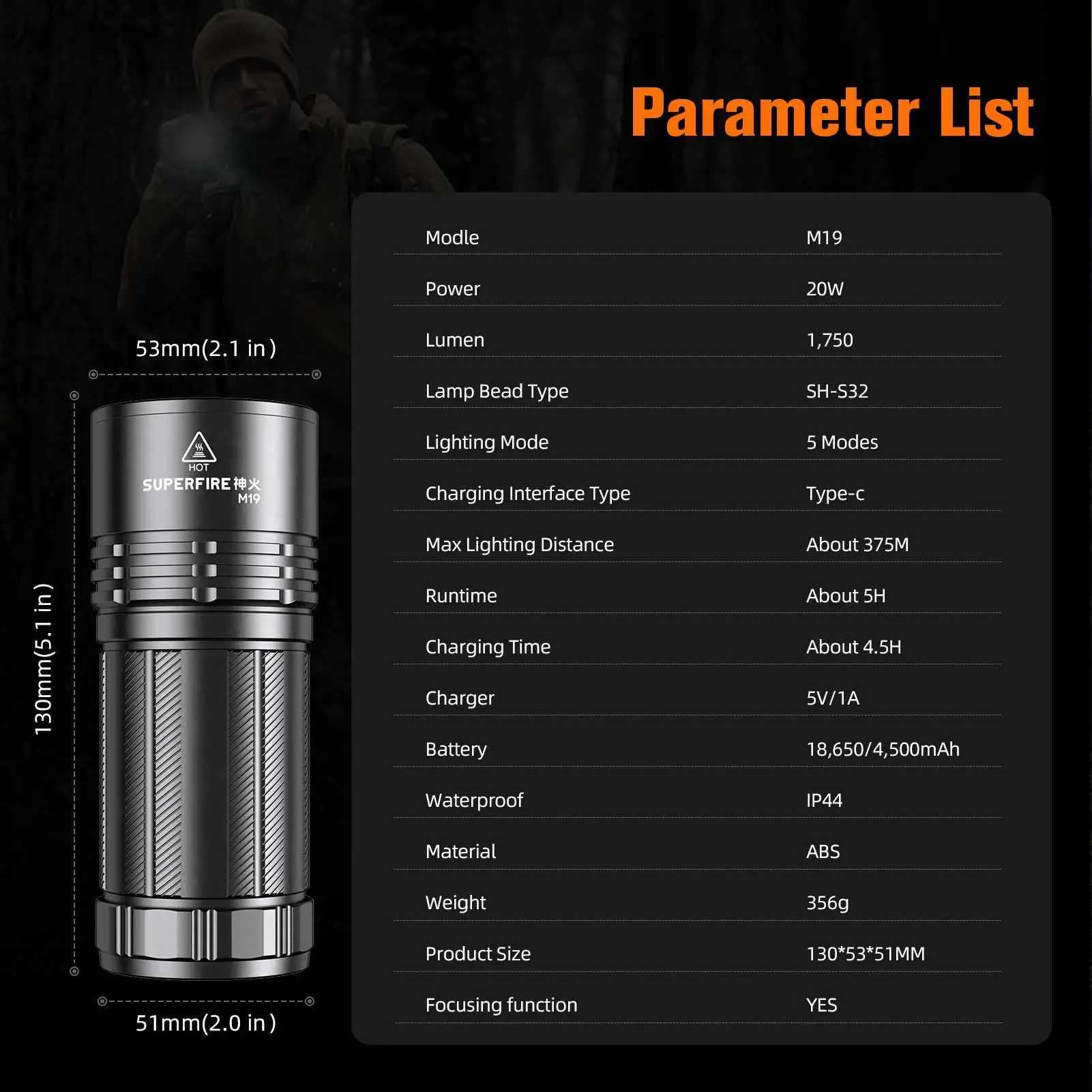 SUPERFIRE M9 20W LED flashlight 750lm with tail light zoom C-type rechargeable flashlight built-in 4500mAh battery camping lightW241227