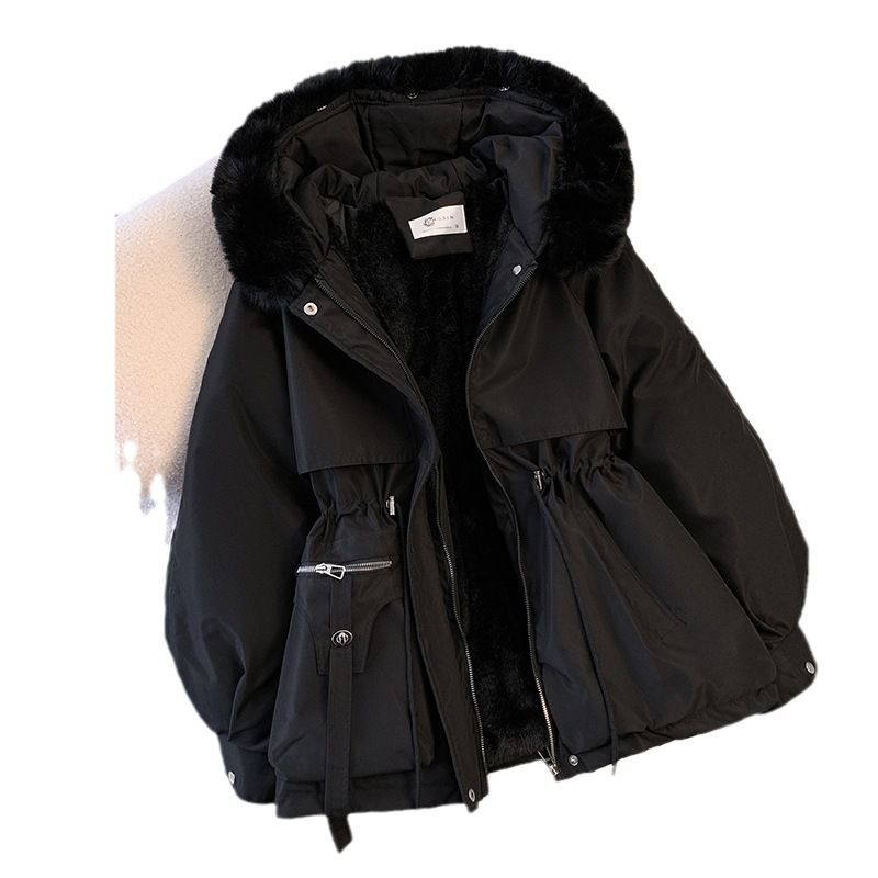Women's Stylish Large Fur Collar Drawstring Waist And Veet Parka Jacket