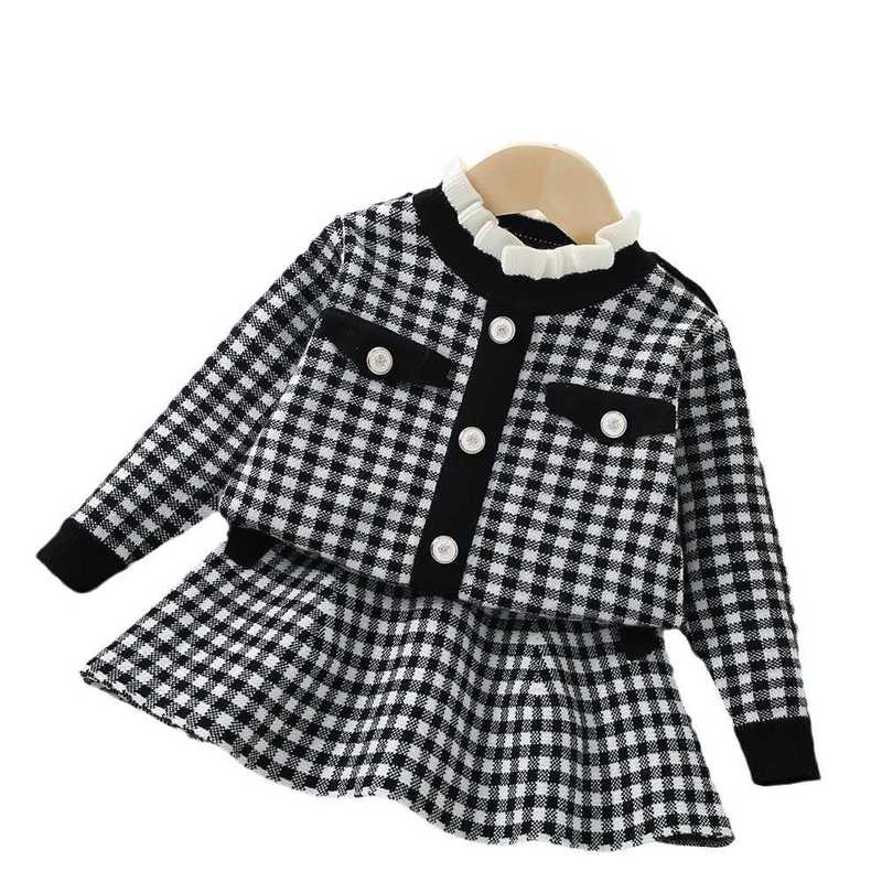 Girl's Dresses Girls' Sweater Set Autumn/Winter New Style Baby Girl's Checkered Small Fragrant Knitted Two Piece Skirt
