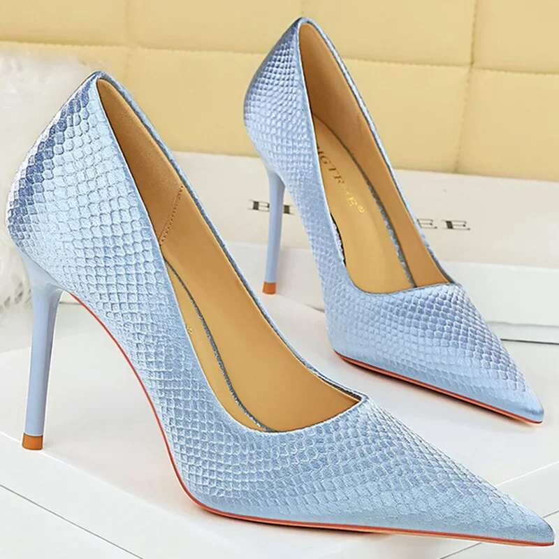 Women 9.5Cm High Fashion Pumps Wedding Bridal Classic Scarpins Silk Stiletto Thin Heels Lady Light Blue Green Office Shoes