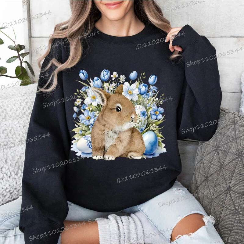 Cute Bunny Watercolor Hoodies Women, Oversized Hoodie,Daisy Wers Farm Rabbit Sweatshirts,Easter Women's Clothing