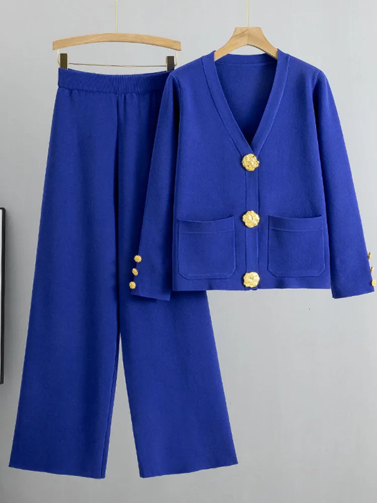 Elegant Knitted Sweater 2 Piece Set Loose Single Breasted Cardigan Tops Conjuntos High Waist Ankle Length Pants Tracksuit 250109