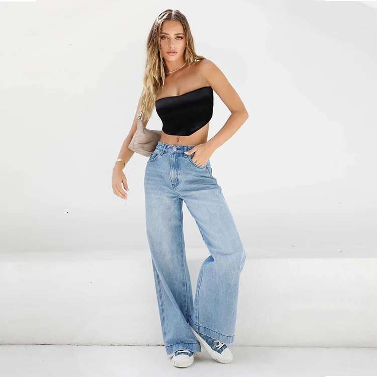Women Jeans Wide Leg Pants Denim Pockets Streetwear Loose High Waist Full Length Washing Zipper Fly Flat Solid Color 2024