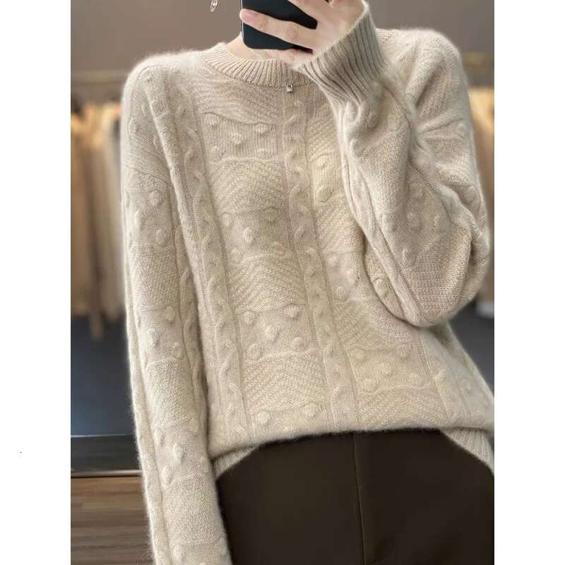 Women's Autumn Winter Pullover Round Neck Solid Screw Thread Paisley Lantern Long Sleeve Sweater Knitted Casual Elegant Tops