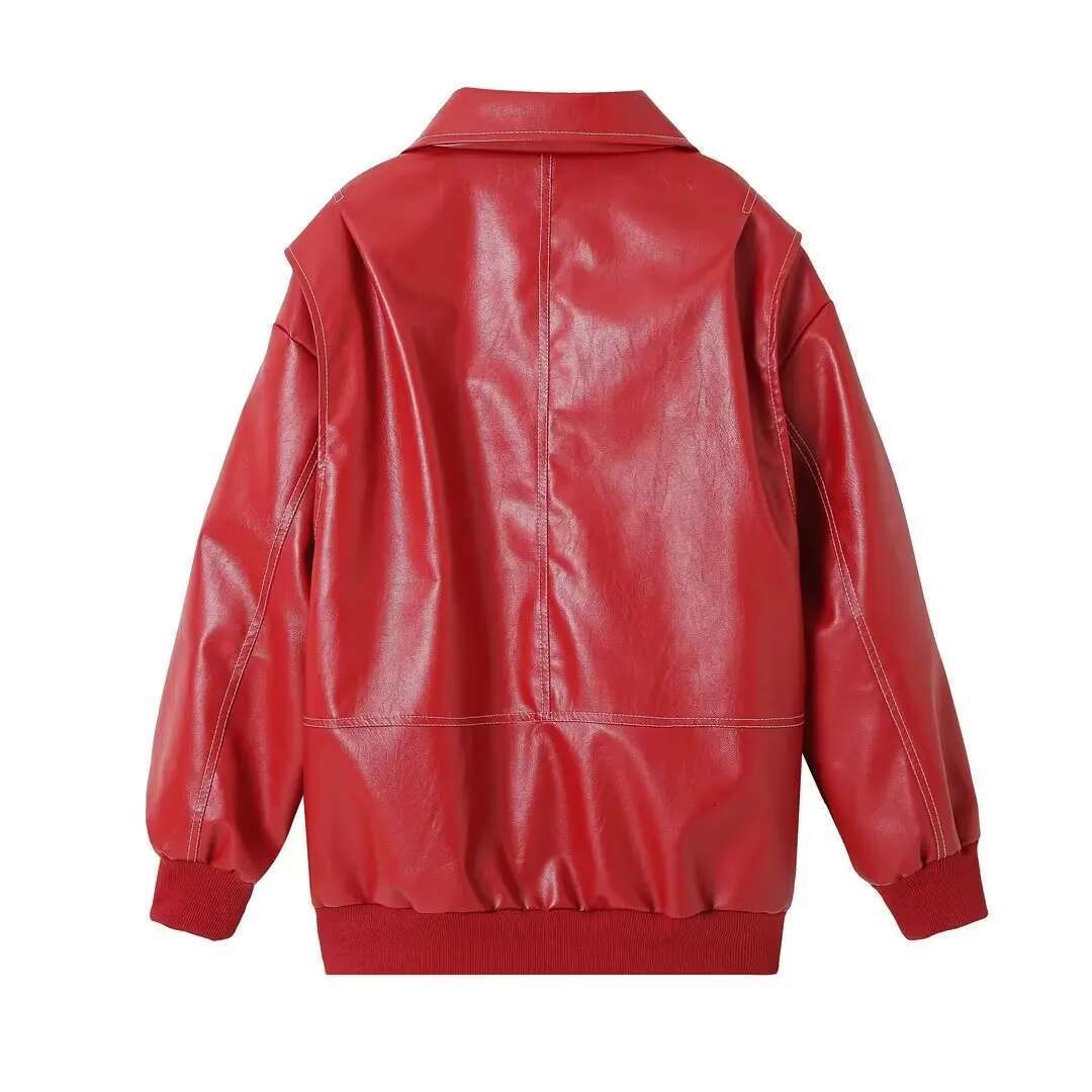 Spring Autumn Leather American Style PU Jacket For Women Solid Color Casual Zipper Sweat Coats Women's Outwears