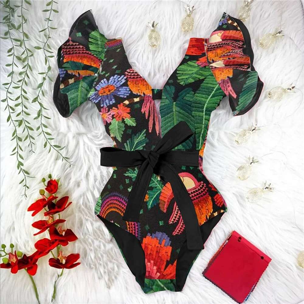 2025 New Print Sexy One Piece Swimsuit Women Swimwear Push Up Monokini Ruffle Swim Bathing Suit Summer Beach Wear Female