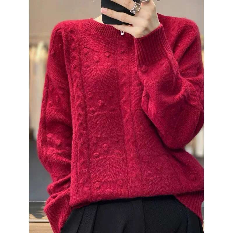 Women's Autumn Winter Pullover Round Neck Solid Screw Thread Paisley Lantern Long Sleeve Sweater Knitted Casual Elegant Tops