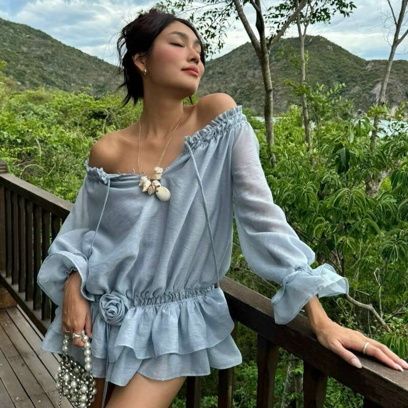 Autumn Product Sexy and Pure Desire One Collar Ruffle Chiffon Slim Fit Waist Long Sleeve Dress 2025 Versatile New Trendy Clothing Ins