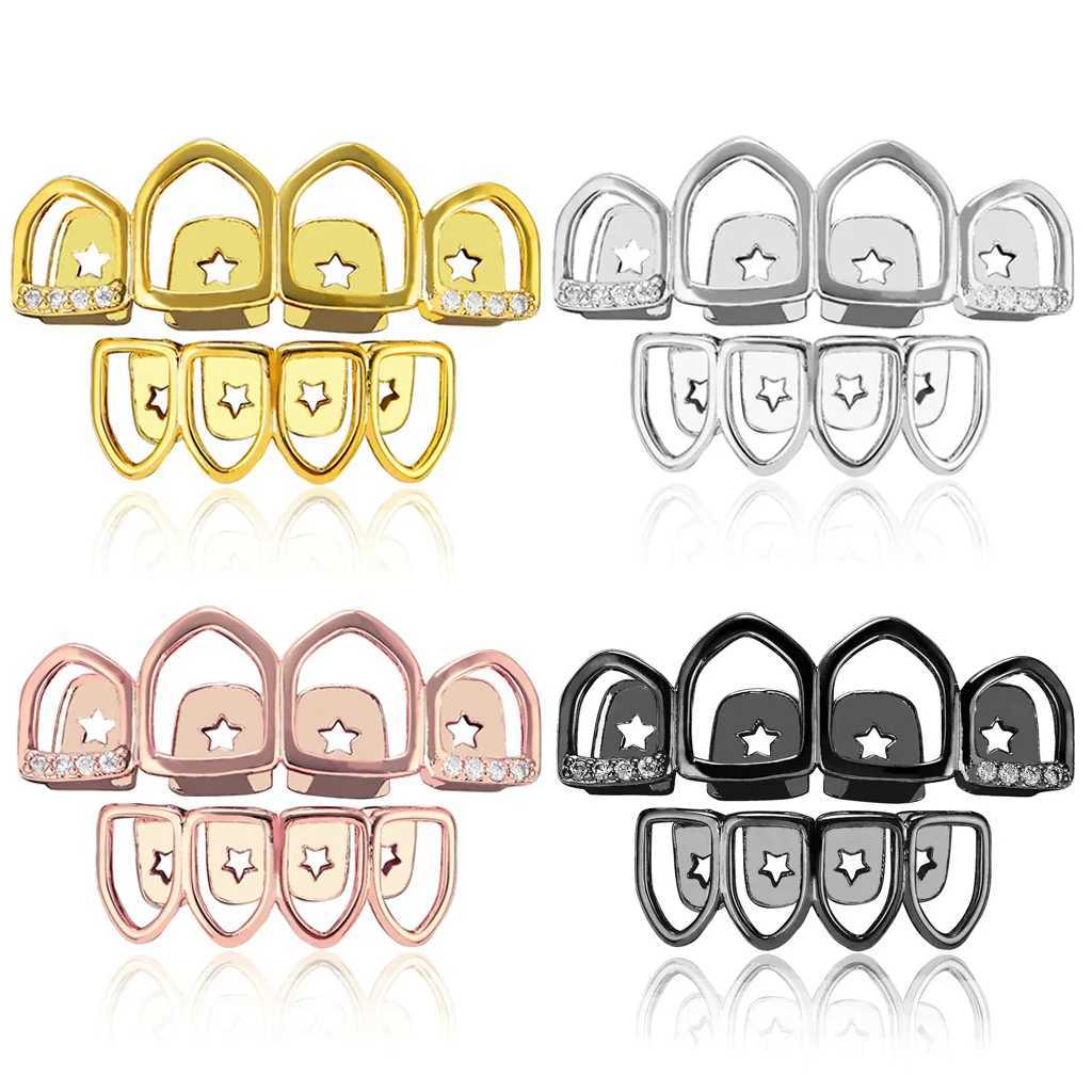 CZ Stones Star Teeth Grillz Caps Cubic Zircon Iced Out Micro Pave Top Bottom Charm Grills Set For Men Women Hip Hop JewelryXJ250114