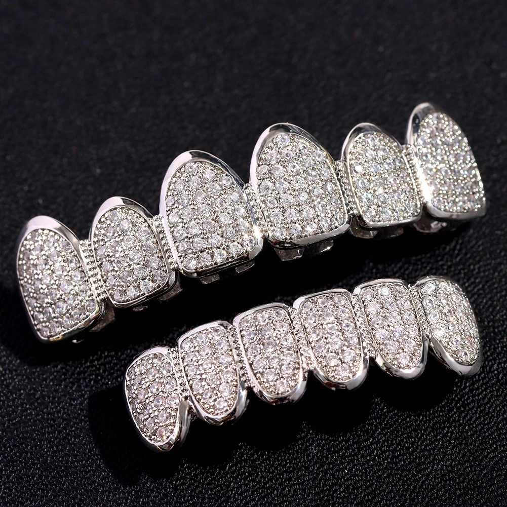 Hip hop mens and womens ice cube cubic zirconia top and bottom teeth Grilz hat Bling CZ Micro Pave teeth Grills Halloween cosplay jewelryXJ250412