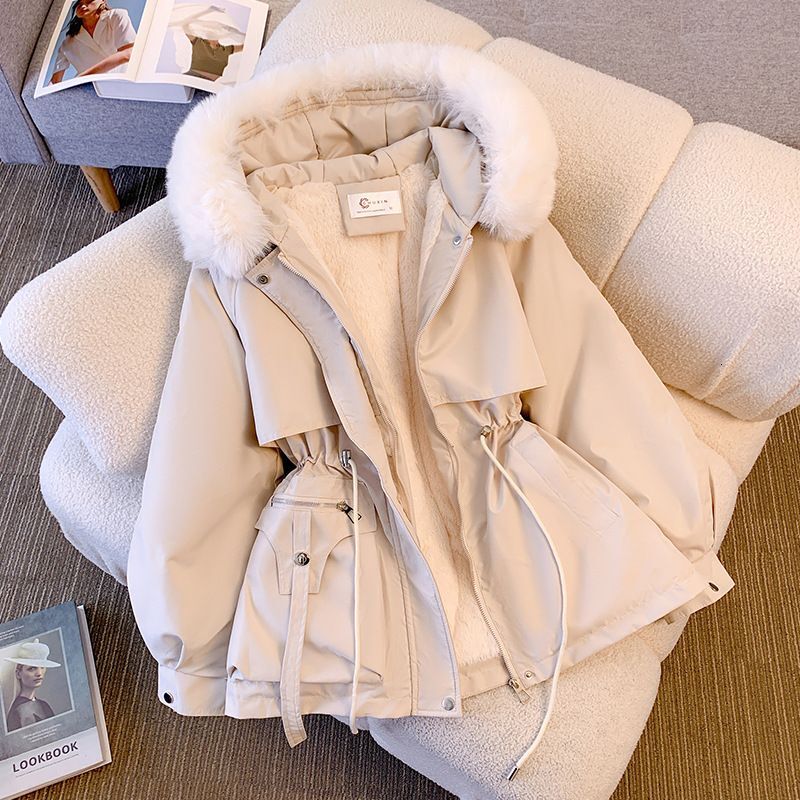 Women's Stylish Large Fur Collar Drawstring Waist And Veet Parka Jacket