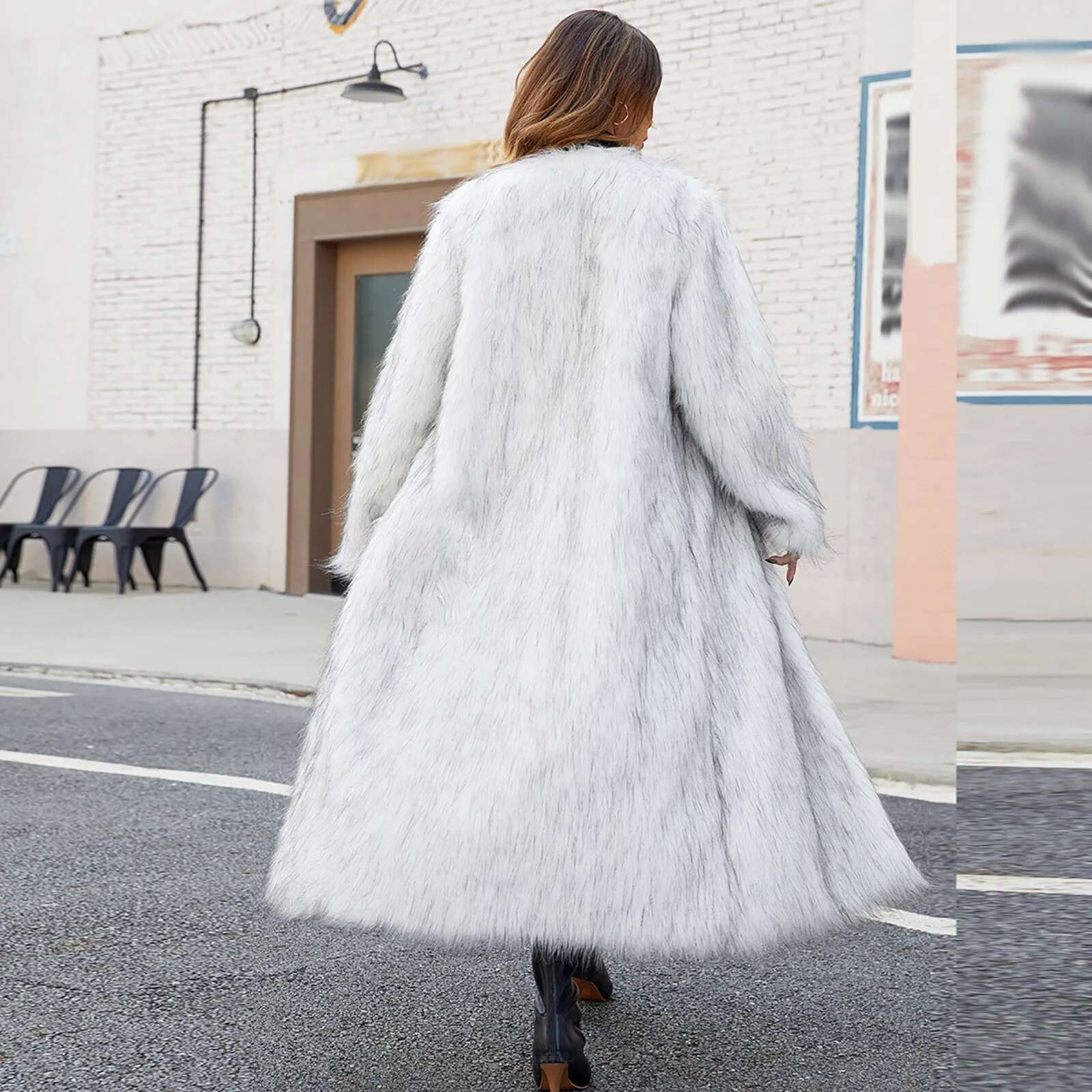 Women Faux Fur Coats Full Sleeve Open Long Jackets V Neck Splice Thick Coat Elegant Lady Streetwear Winter 2024