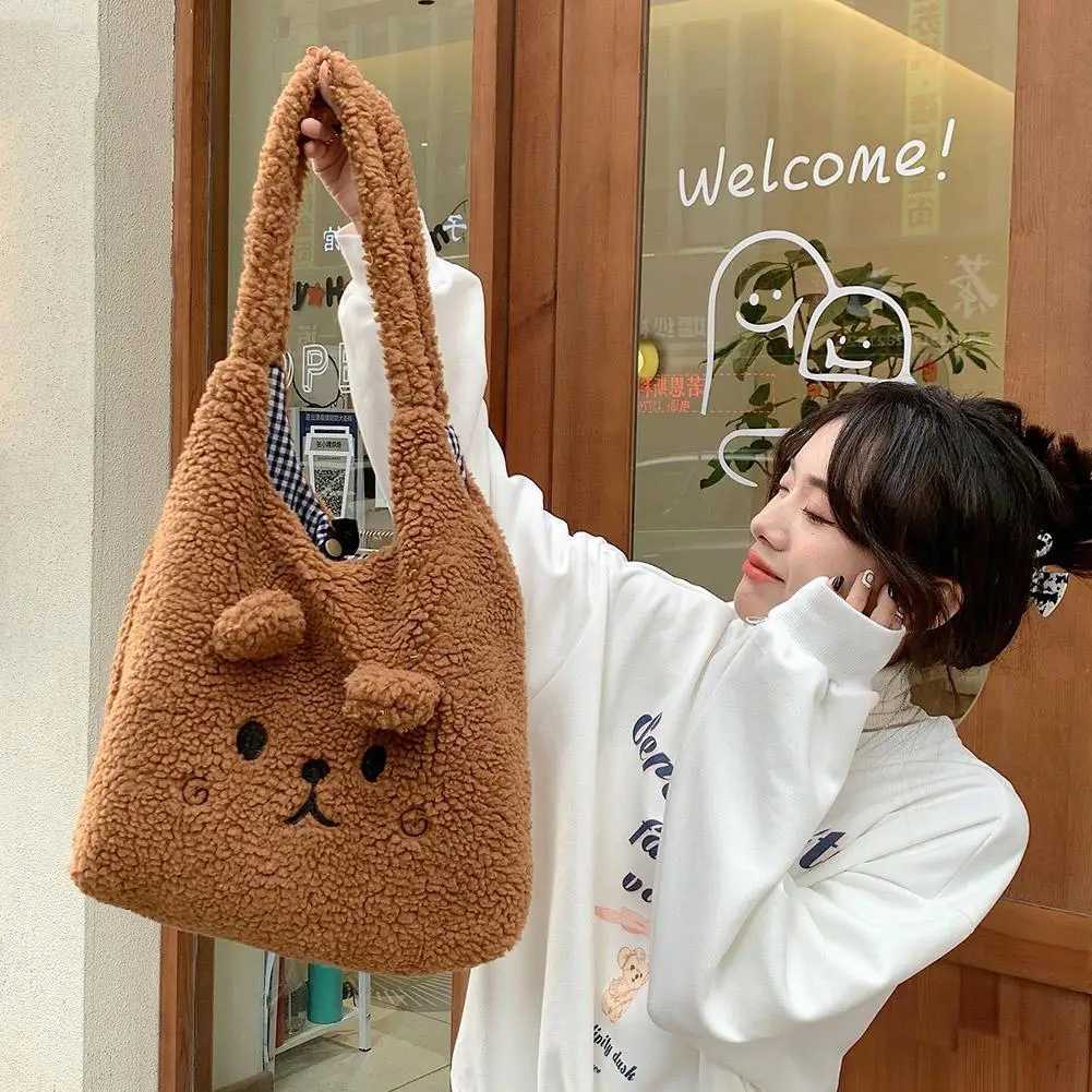 School Bag Cartoon Embroidery New Winter Soft Plush Tote Bag Shopper Bag Shoulder Bag For Women Cute T250118