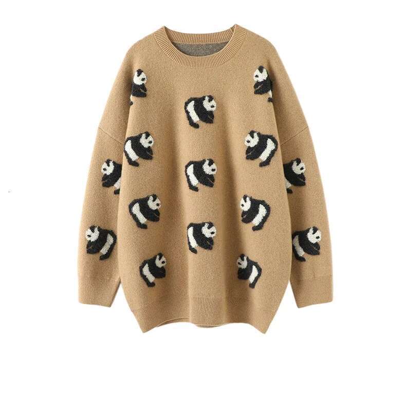 Aliaga Europe New Panda Jacquard 100% Cashmere Sweater Knitwear Womens Drop Shoulder Oversized Jumper Double Layer Tops