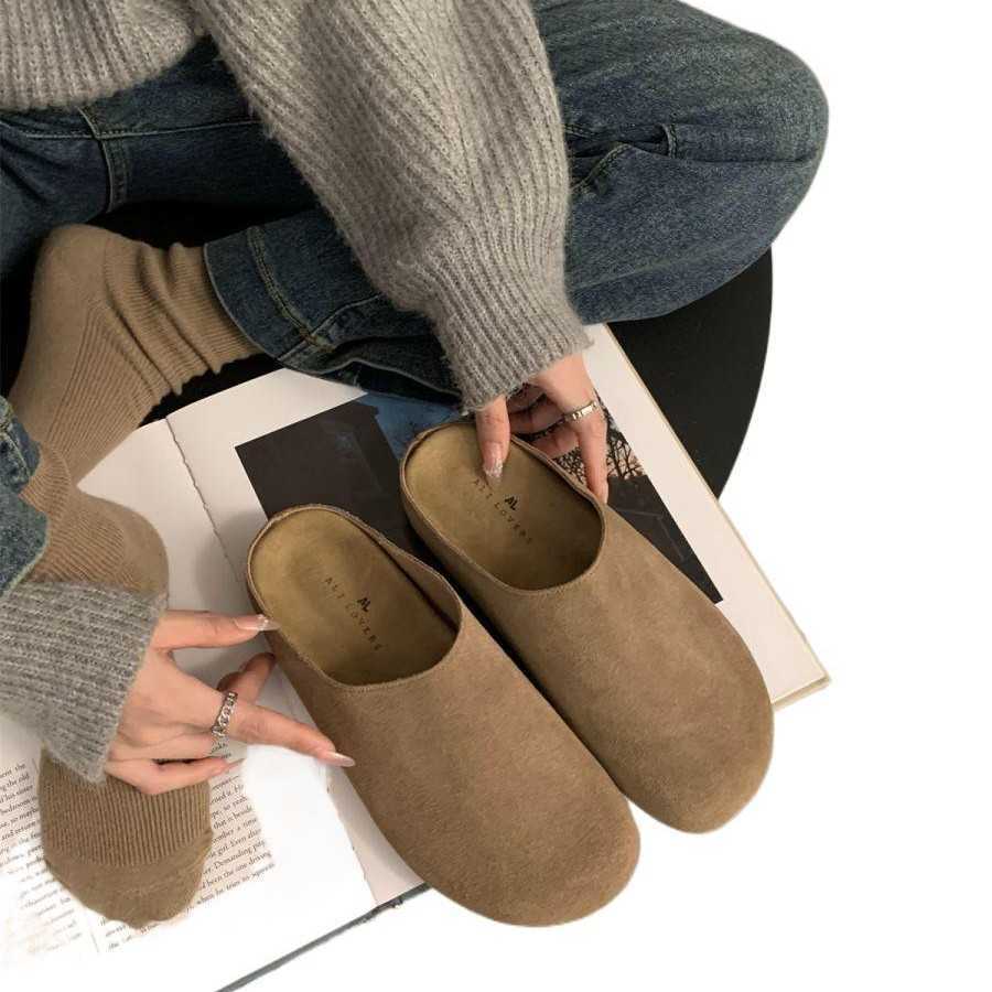 sandals slides slippers clogs Boken spring and autumn new item frosted thick sole versatile half drag one foot on cork lazy womens shoes