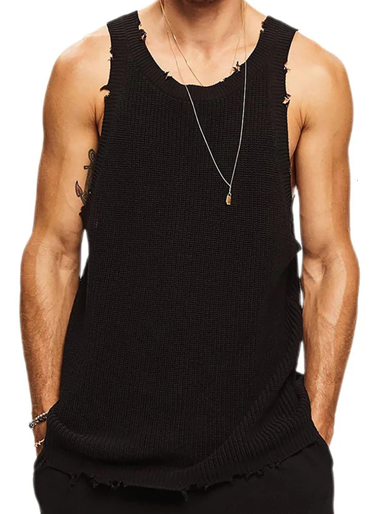 Hip Hop O Neck Straps Ripped Tank Tops Men Streetwear Fashion Solid Color Slim Vest Mens Summer Trendy Sleeveless Camisoles 250108