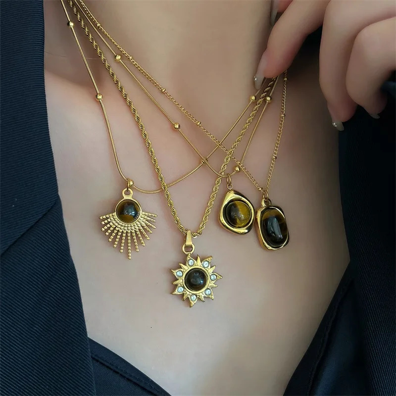 HangZhi Natural Stone Steel Pendant Necklace Rhinestone Flower Oval Gold Color Charm Sweater Chain Jewelry for Women 250109