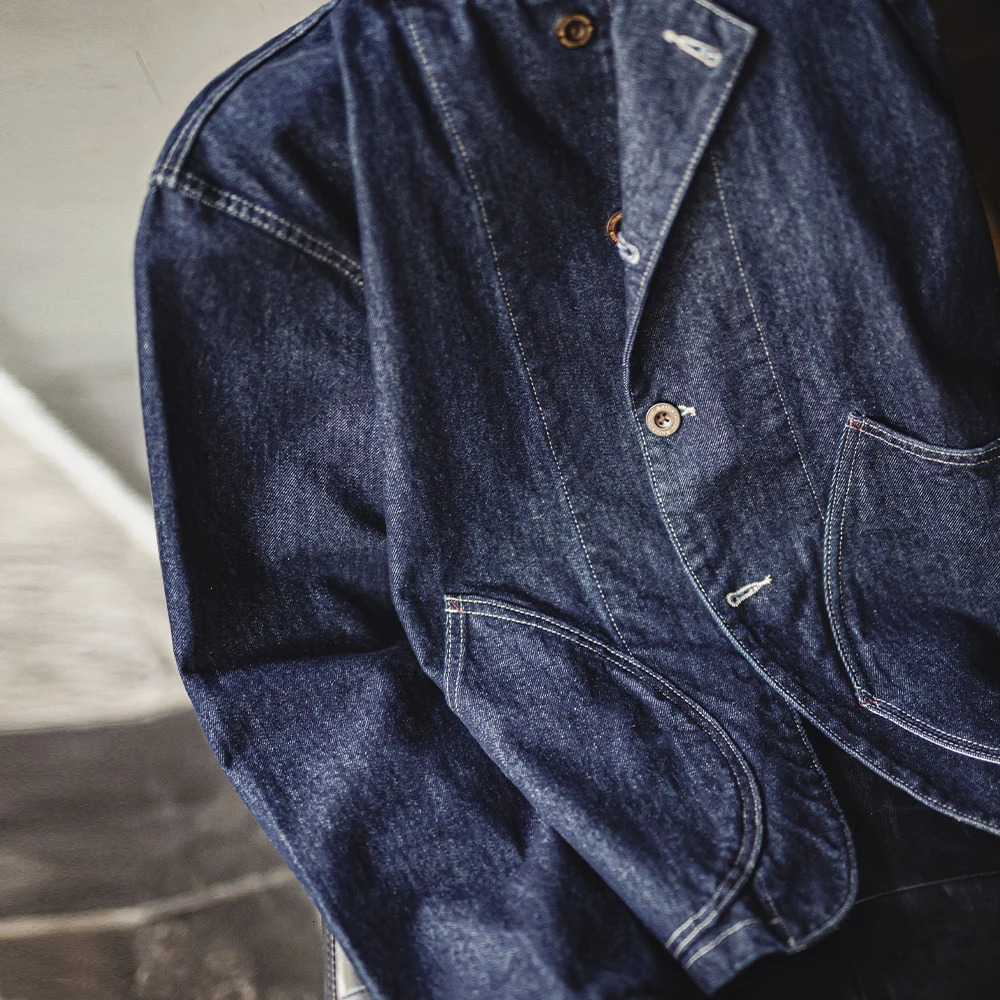 Maden Retro Washed Denim Cowboy Jacket Lapel Collar Singlerow Buttons Pockets Versatile Outerwear for Spring and Fall 250110
