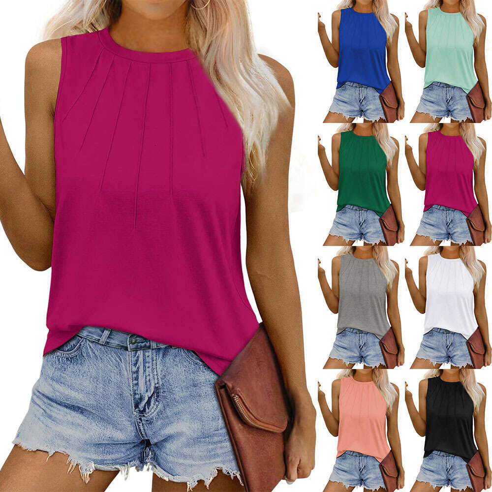 2025 Summer European and American Hot Fold Round Neck Sleeveless Tank Top Women's New Casual Fashion Trendy Clothing
