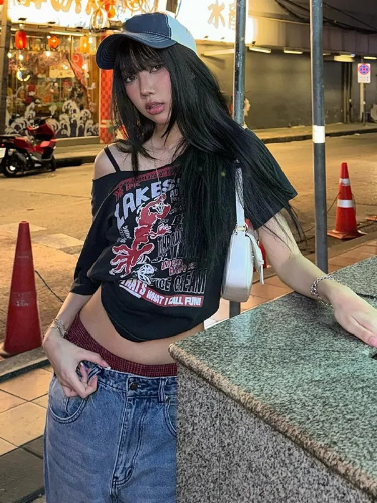 Gothic Tee Y2k Letter Print Off Shoulder Punk T-shirts Women Harajuku Summer Streetwear Grunge T Shirt Aesthetic Sexy Crop Tops 250109