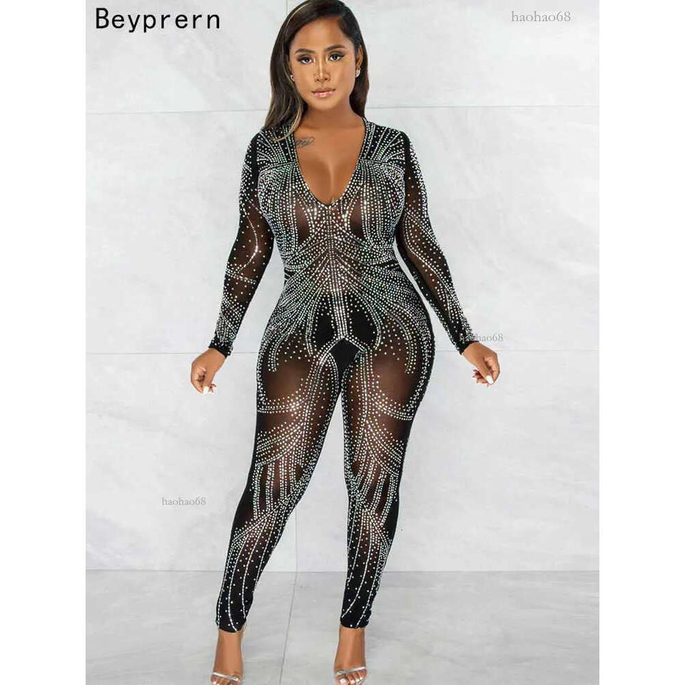 Womens Jumpsuits Rompers Beyprern Sparkle Black Silver Rhinestones V Neck Sheer Jumpsuits Women Glitter Long Sleeve Mesh Crystal Romper Nightclub Outf