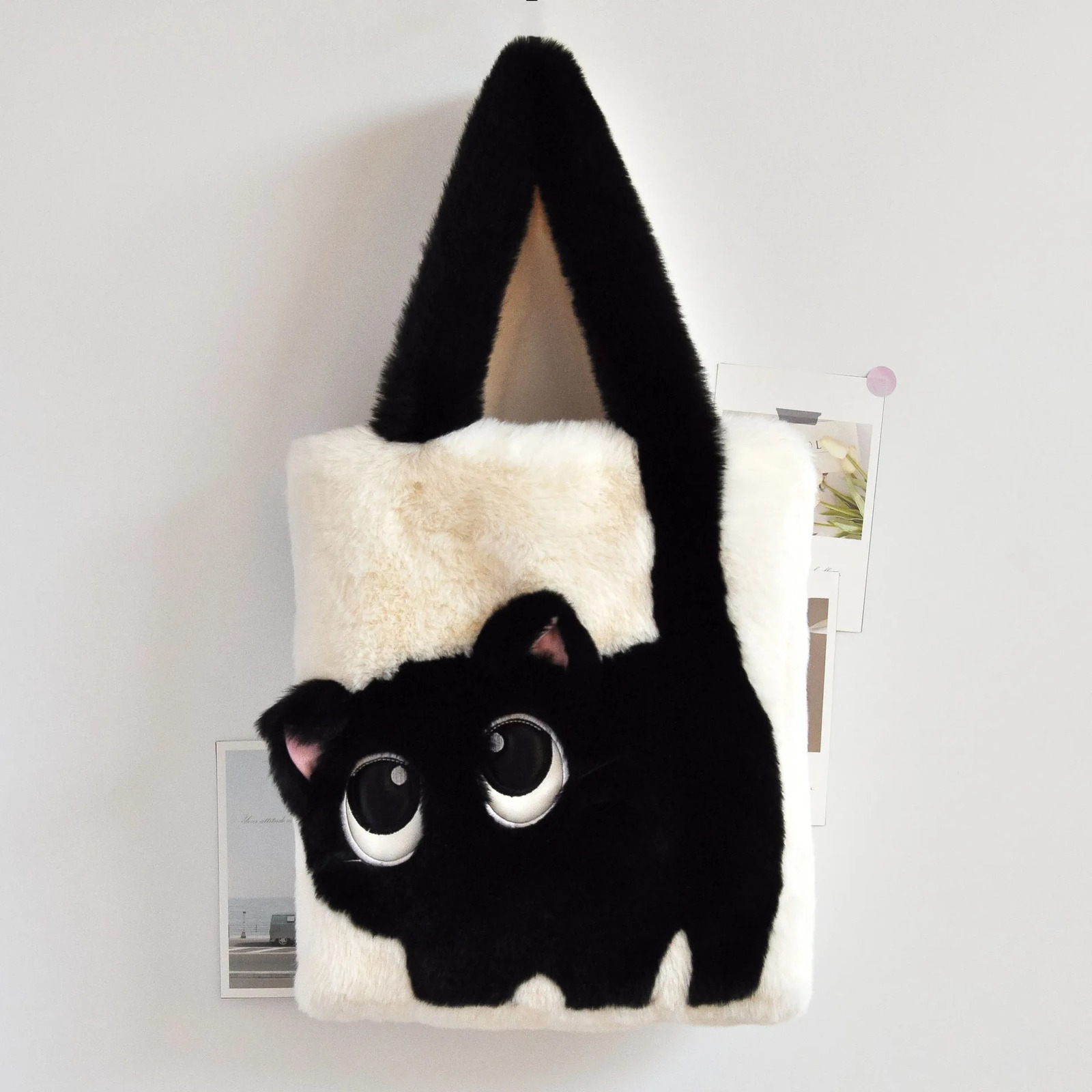 Winter Plush Bag For Women Large Capacity Creative Cat Cartoon Contrasting Color Stitching Embroidered Tote Bag Handbag 250113