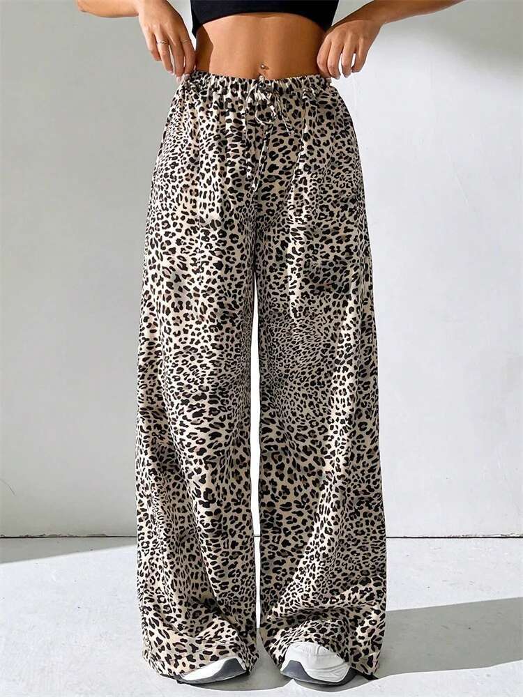 Women's Leopard Printed Long Pants Autumn Winter 2024 Vintage Drawstring Elastic Waist Loose Trousers Streetwear