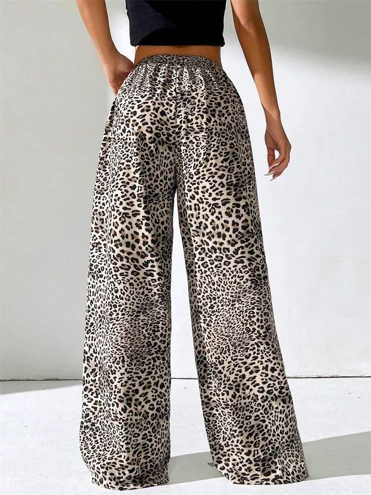 Women's Leopard Printed Long Pants Autumn Winter 2024 Vintage Drawstring Elastic Waist Loose Trousers Streetwear
