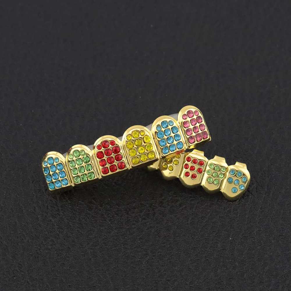 Full Multi Color CZ Stones Teeth Grillz Caps Cubic Zircon Iced Out Micro Pave Top Bottom Charm Grills Set For Men JewelryXJ250114