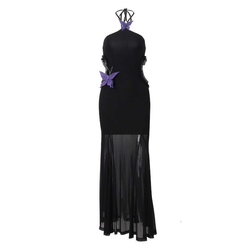 2025 Autumn Product Sexy Temperament One Shoulder Hanging Neck Butterfly Decoration Slimming Holiday Dress for Women's New Casual Versatile Fashi