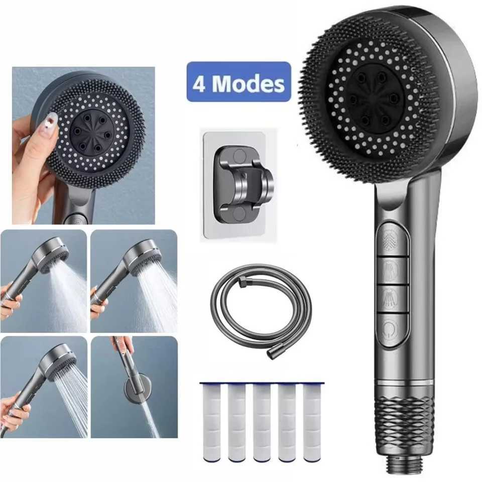 Bathroom Shower Heads 4 Modes Pressure Boost Shower Head One-Key Stop Water Massage High Pressure Shower Head With Filter Element Bathroom Accessories