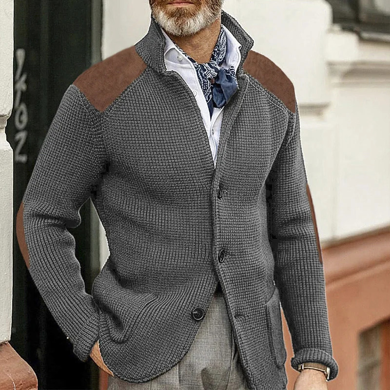 Autumn Winter Men Knit Cardigan Single Breasted Turn Down Collar Knitted Sweater Jackets Fashion Patchwork Male Sweater Coat 250113