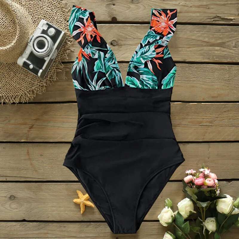SPORLIKE Heart Attack Falbala One-Piece Swimsuit Women Ruffle V-Neck Monokini 2024 New Girls Beach Bathing Suit Swimwear S-2Xl