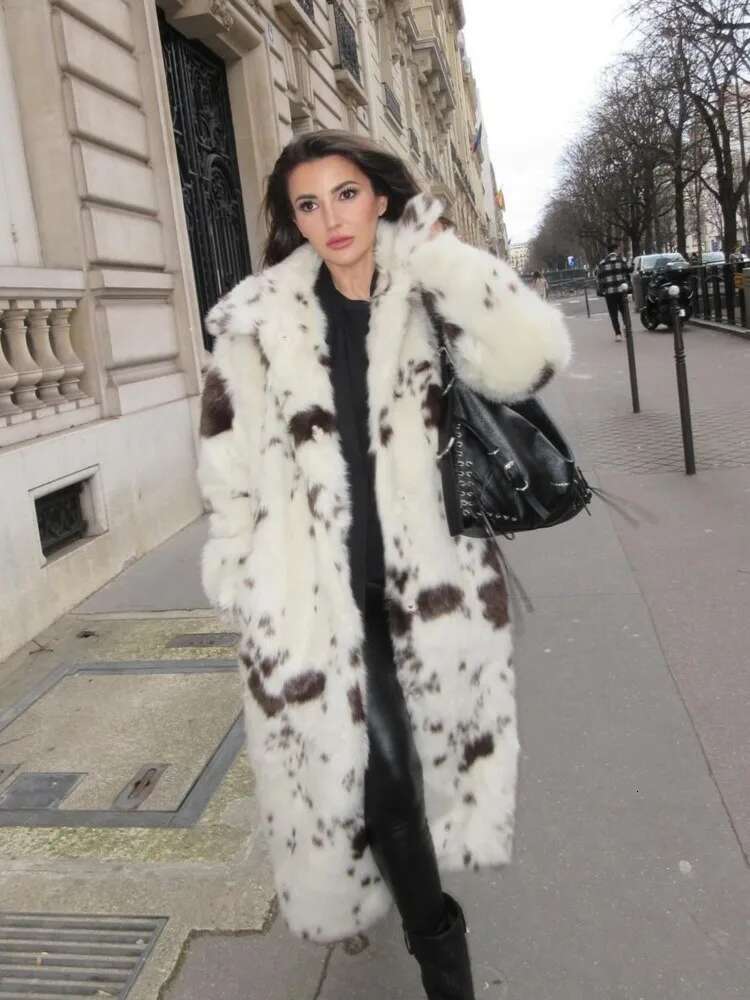 Ed Faux Fur Effect Long Coat Leopard Printed Toka Suit Collar Women's Fluffy Overcoat Fashion Elegant Plush Outwear Winter