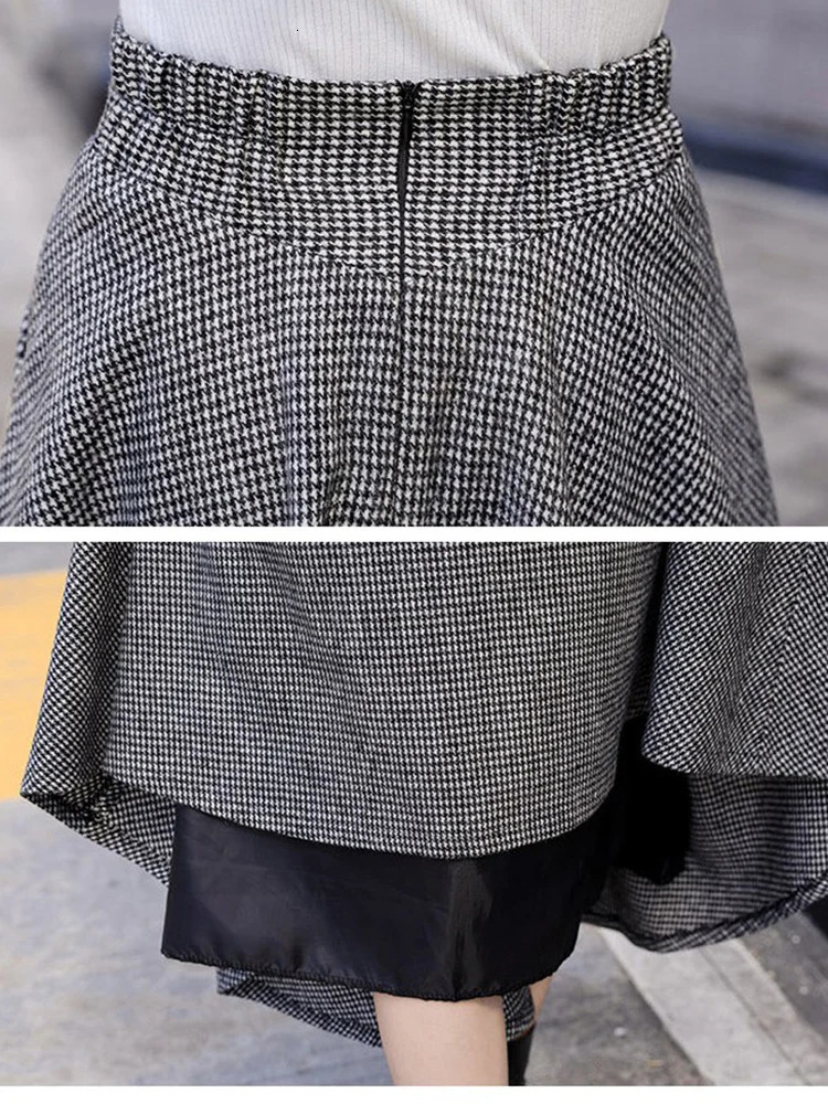 High Waist Vintage Houndstooth Plaid Warm Wool Long Skirt For Women Elegant Casual Big Swing ALine Saias Longas Female 250108
