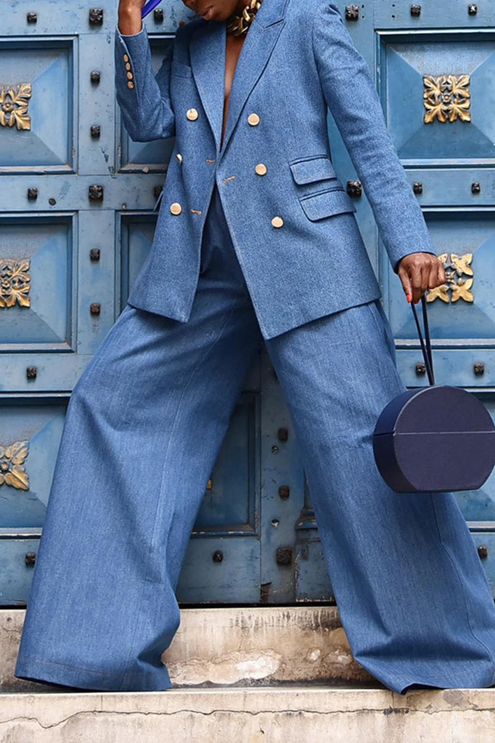 Plus Size Business Casual Light Blue Lapel Collar Long Sleeve Pocket Denim Two Piece Pant Sets 250109