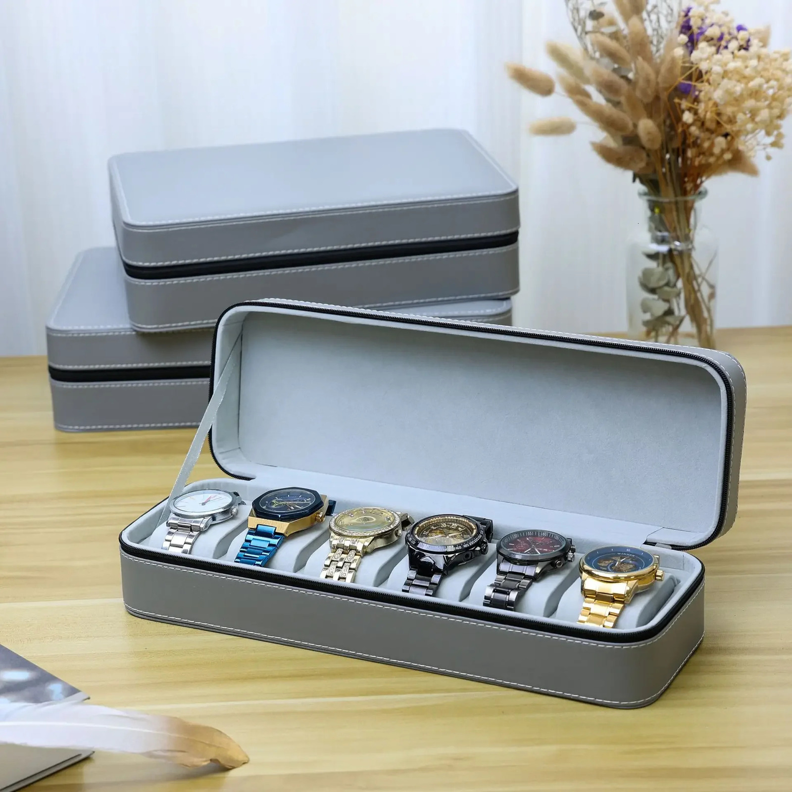 Premium Grey Puleather Watch Box Zip-up Storage Display Box For Watches High-end 6102 Model Wholesale Watch Storage Solutions 250117