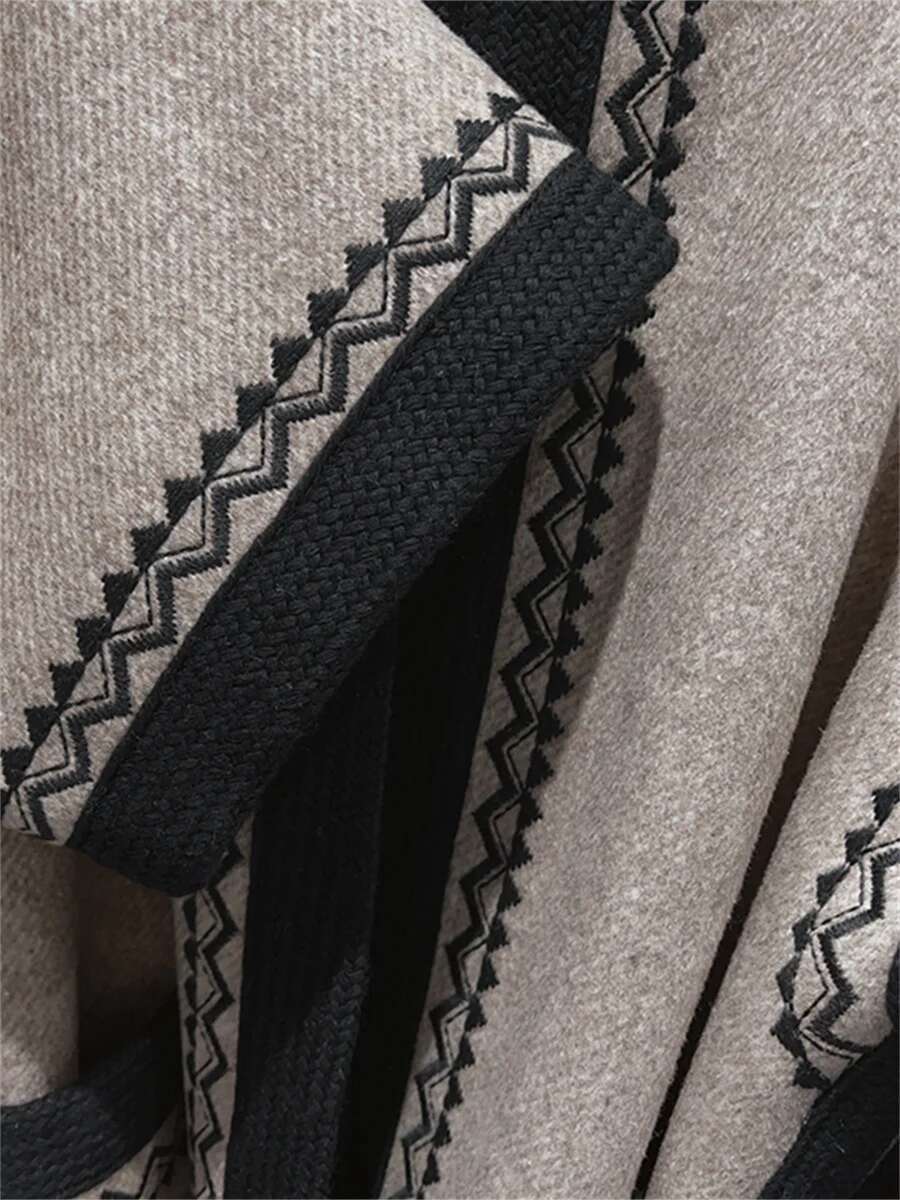 Embroidery Women Lace-Up Coat Contrast Color Wool Blends Loose Female Jacket With Pockets 2024 Autumn Winter