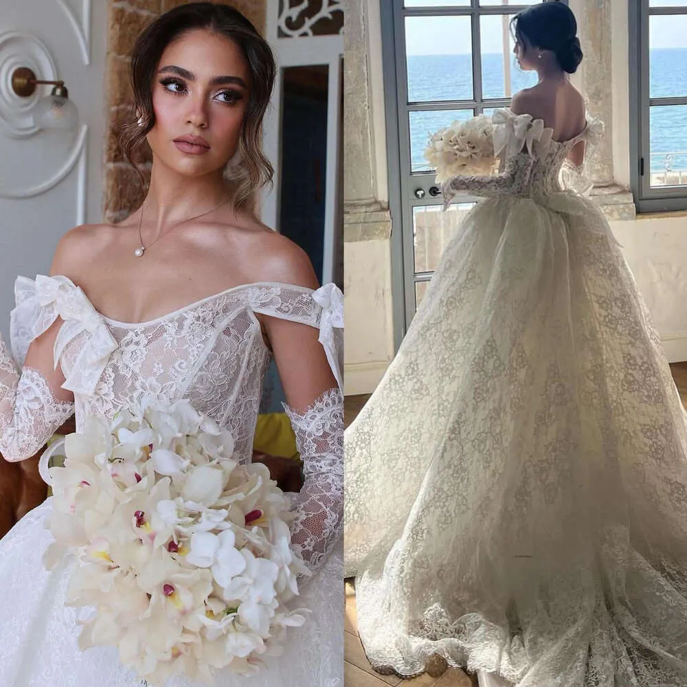 Graceful Full Lace Wedding Dresses Bow Off Shoulder Corset Bridal Gowns Back Lace-up Court Train Ivory Boho Elegant Vestido De Novia 2025